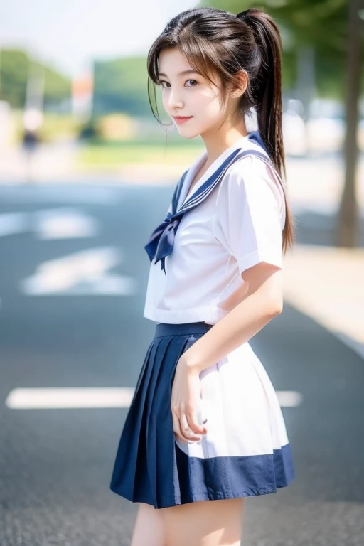 A Japanese high school girl wearing a sailor suit, a typical summer uniform,Ponytail hairstyle,Navy Blue Skirt, Show off your beautiful legs,Beautiful face,Photo-realistic depiction