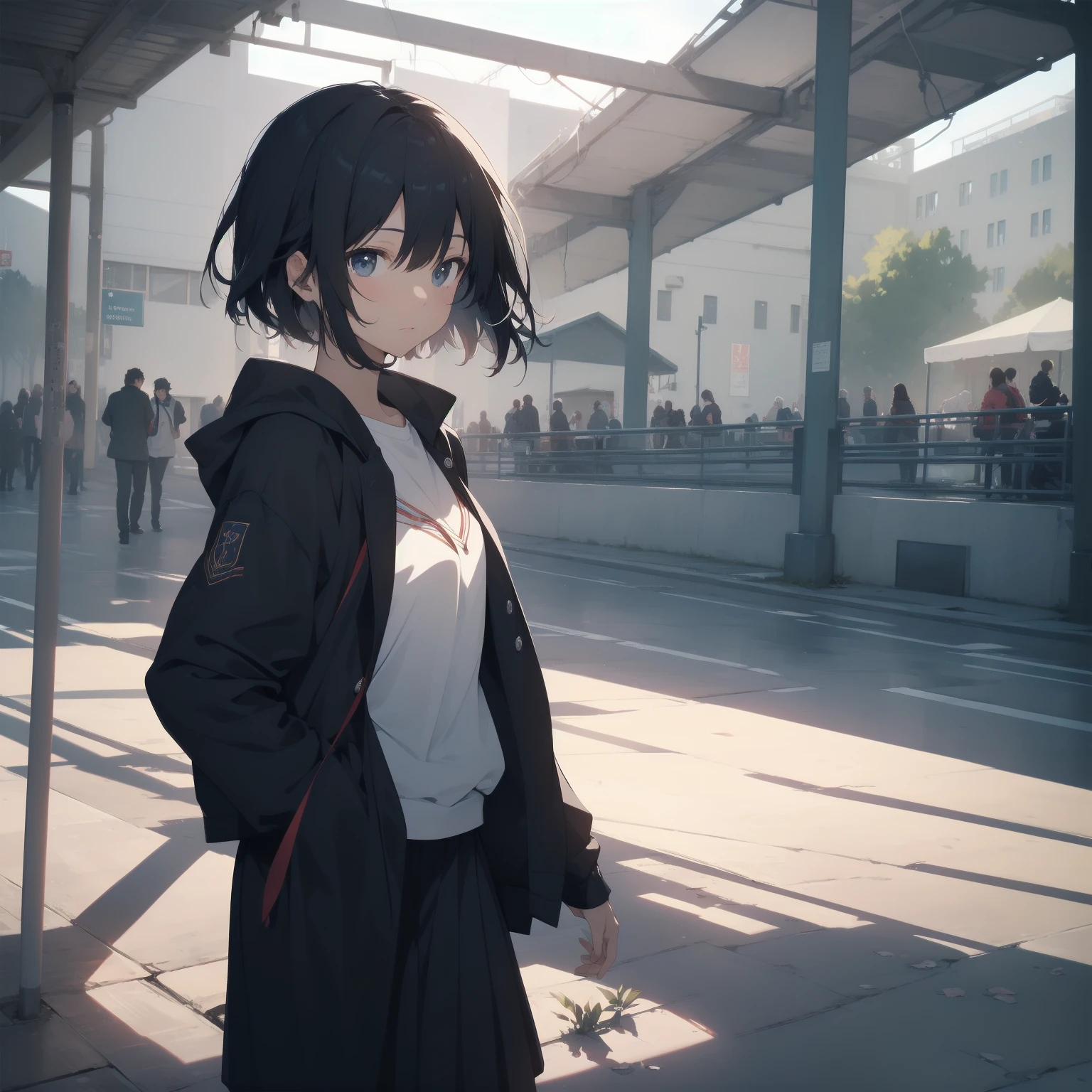 ultra-absurdres-Top quality by artist God, ultra-detailed, high resolution, anime moe artstyle, best anime 8k konachan wallpaper, pixiv contest winner, pool:2810, perfect anatomy,break, 1girl, (Please draw a girl walking sleepily to school alone. )break,(Solo,little female, 13-year-old:1.3),Full limbs, complete fingers,a junior high school student, (very short hair), short cut, flat chest, , small butt, small black eyes, beautiful detailed eyes, well-proportioned iris and pupils, expressive eyes, highres detailed hair, soft expression, salor school_uniform, sailor collar, serahuku, bow, pleated skirt,(Detailed Lighting), (Detailed background), in the School commute route. break,super detailed skin, Best cinematic lighting powered by famous artist, 8k,beauty illustration,photoshop_(medium),very aesthetic,break,((artist:kotorai )), artist:clamp ,artist:carnelian ,artist:kantoku ,