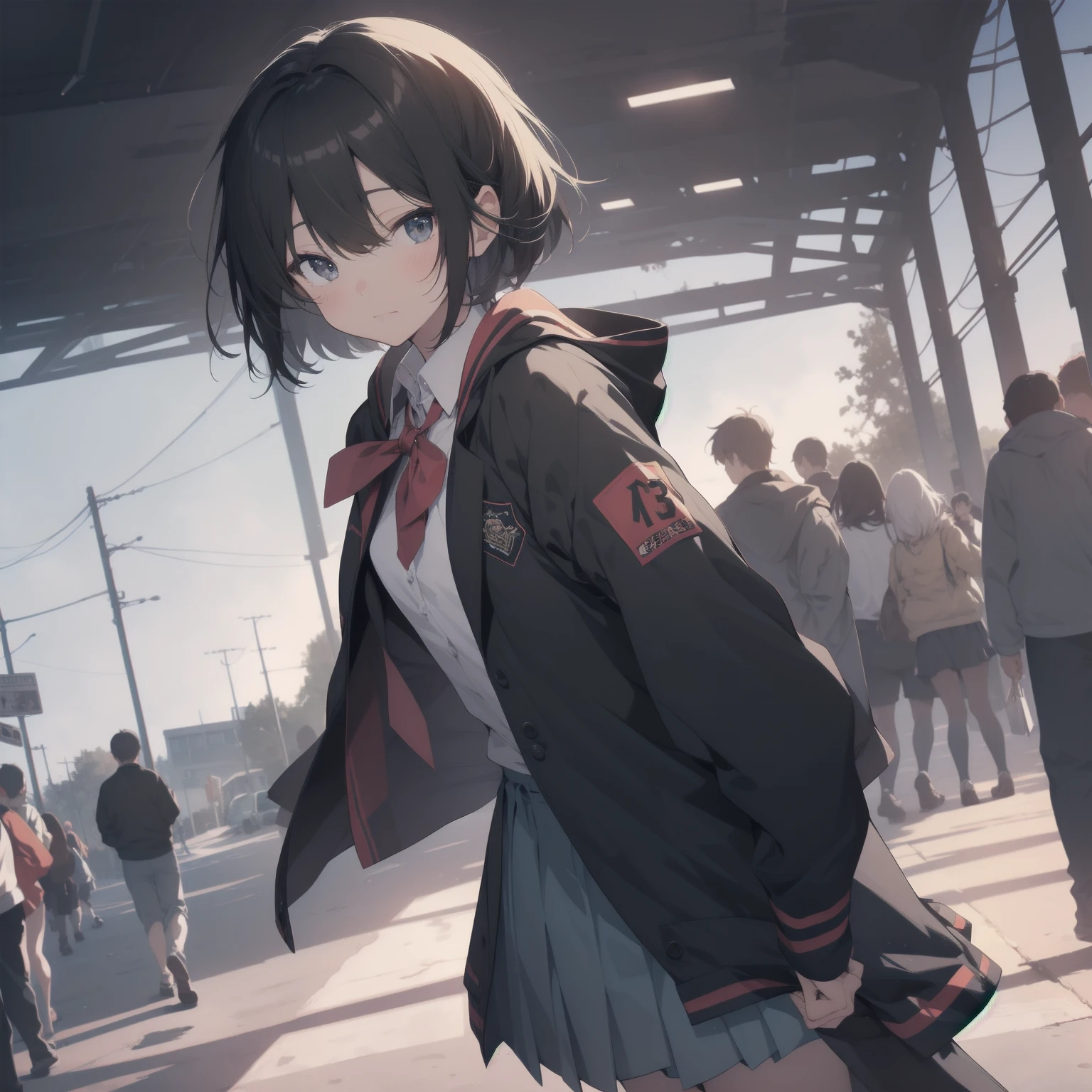 ultra-absurdres-Top quality by artist God, ultra-detailed, high resolution, anime moe artstyle, best anime 8k konachan wallpaper, pixiv contest winner, pool:2810, perfect anatomy,break, 1girl, (Please draw a girl walking sleepily to school alone. )break,(Solo,little female, 13-year-old:1.3),Full limbs, complete fingers,a junior high school student, (very short hair), short cut, flat chest, , small butt, small black eyes, beautiful detailed eyes, well-proportioned iris and pupils, expressive eyes, highres detailed hair, soft expression, salor school_uniform, sailor collar, serahuku, bow, pleated skirt,(Detailed Lighting), (Detailed background), in the School commute route. break,super detailed skin, Best cinematic lighting powered by famous artist, 8k,beauty illustration,photoshop_(medium),very aesthetic,break,((artist:kotorai )), artist:clamp ,artist:carnelian ,artist:kantoku ,