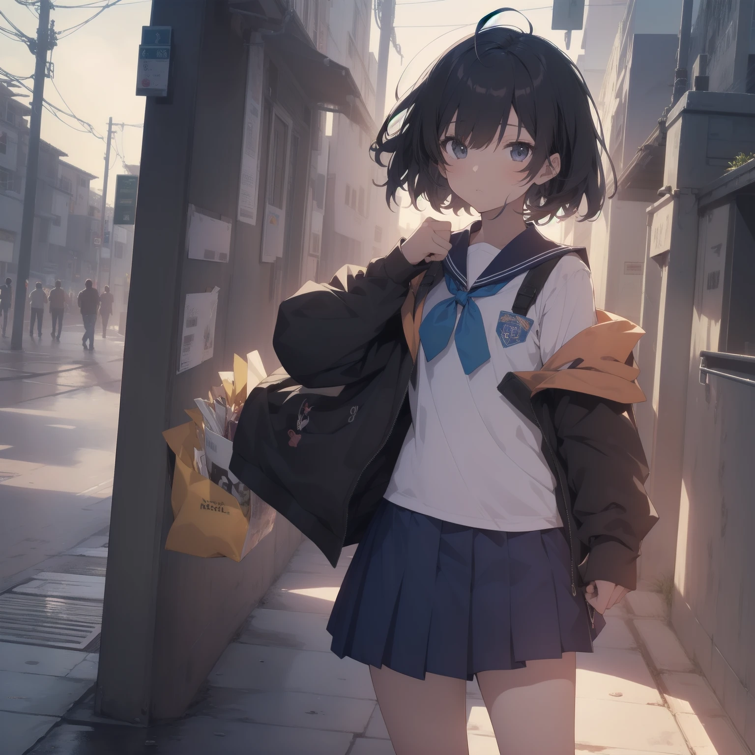 ultra-absurdres-Top quality by artist God, ultra-detailed, high resolution, anime moe artstyle, best anime 8k konachan wallpaper, pixiv contest winner, pool:2810, perfect anatomy,break, 1girl, (Please draw a girl walking sleepily to school alone. )break,(Solo,little female, 13-year-old:1.3),Full limbs, complete fingers,a junior high school student, (very short hair), short cut, flat chest, , small butt, small black eyes, beautiful detailed eyes, well-proportioned iris and pupils, expressive eyes, highres detailed hair, soft expression, salor school_uniform, sailor collar, serahuku, bow, pleated skirt,(Detailed Lighting), (Detailed background), in the School commute route. break,super detailed skin, Best cinematic lighting powered by famous artist, 8k,beauty illustration,photoshop_(medium),very aesthetic,break,((artist:kotorai )), artist:clamp ,artist:carnelian ,artist:kantoku ,