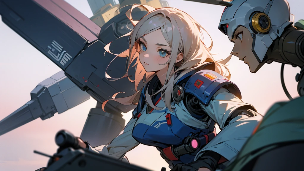 Robot anime style, finely drawn background, robot battle, beautiful 20 year old woman and some friends, tower in 2300 Japan.