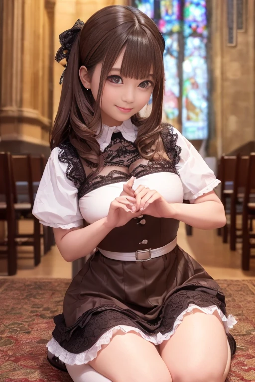 very cute and beautiful girl,(Very detailed美しい顔),
(smile),blush,Black Hair,Cowboy Shot,View your viewers,Kneel,
(Brown lolita dress with a floral pattern and fine frills),Fine lace,Skirt Lift,White panties,
altar,church,indoor,
(Highest quality,masterpiece:1.0),Absurd,High resolution,Very detailed,Very detailed,32K,8k resolution,
Intricate details,Movie Scenes,Detailed Background,alone,Dynamic Angle,