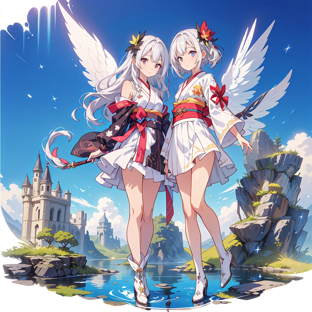 1girl、(((Highest quality、Masterpiece、Official Art、The best dynamic composition、Super detailed)))、(Fine hair), Very detailed, Anime Style, whole body, alone, Star Fairy, Small transparent feather, Gothloli kimono、A large star-shaped magic wand, White hair and brown skin, high boots, Floating in the blue sky, High heel boots, 8K high resolution, White Background, whole body,