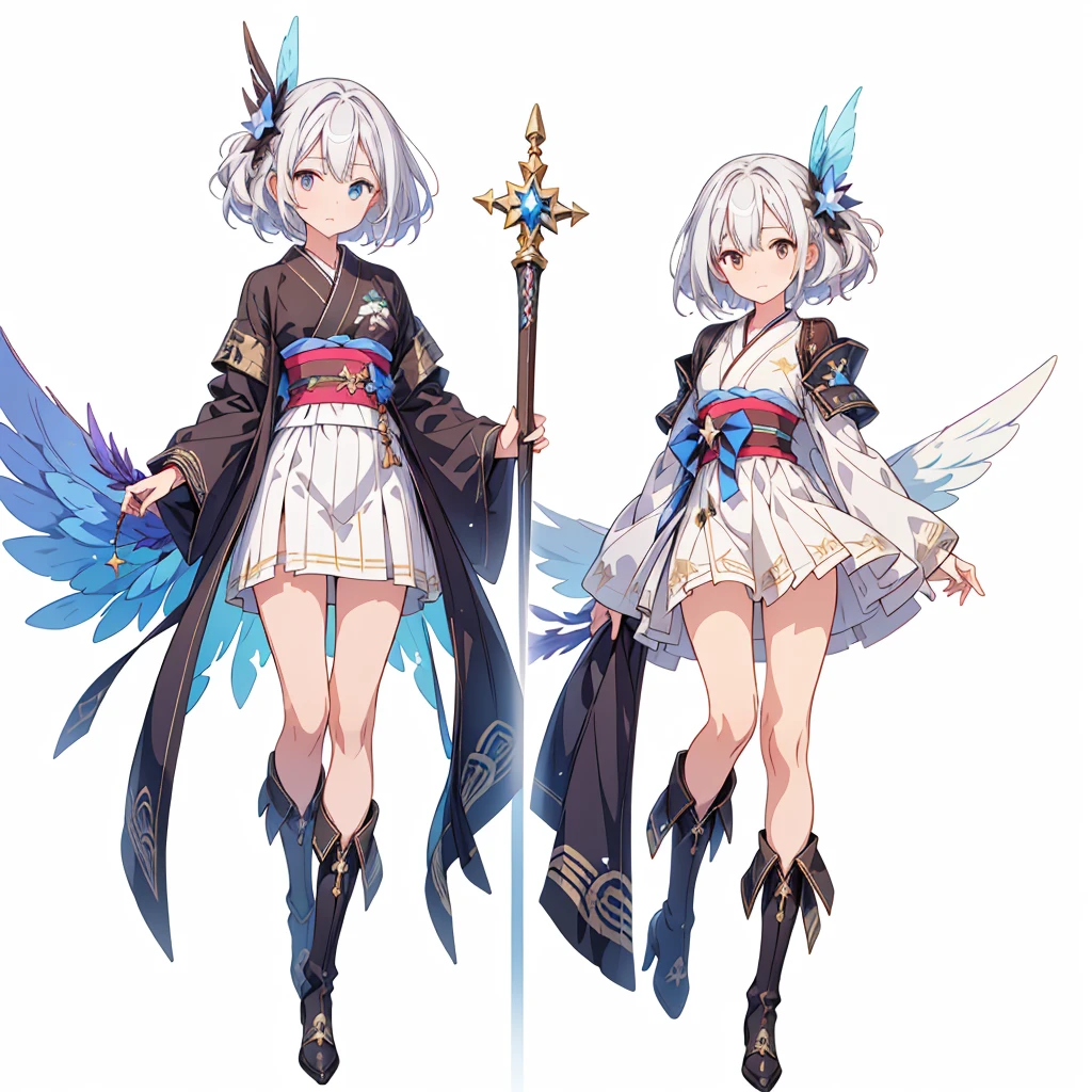 1girl、(((Highest quality、Masterpiece、Official Art、The best dynamic composition、Super detailed)))、(Fine hair), Very detailed, Anime Style, whole body, alone, Star Fairy, Small transparent feather, Gothloli kimono、A large star-shaped magic wand, White hair and brown skin, high boots, Floating in the blue sky, High heel boots, 8K high resolution, White Background, whole body,
