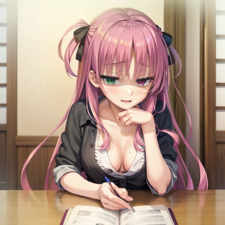 (Tabletop:1.0), (highest quality:1.4), (High resolution:1.2), From the side,Sharp contours,  boyish, highest quality, masterpiece,Glasses,Voice of the Heart,20-year-old woman,yandere,Big Breasts,Chest to chest,Lying face down,Upper Body,Ecstasy,blush,Squint your eyes,Heterochromia iridis,Tuck up your clothes,lure