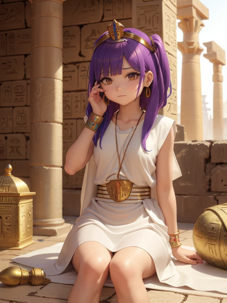 Cute ancient Egyptian princess、Colorful temples of ancient Egypt、The colorful streets of ancient Egypt、Artistic、detailed、Colored linen clothes、Sitting posture、front