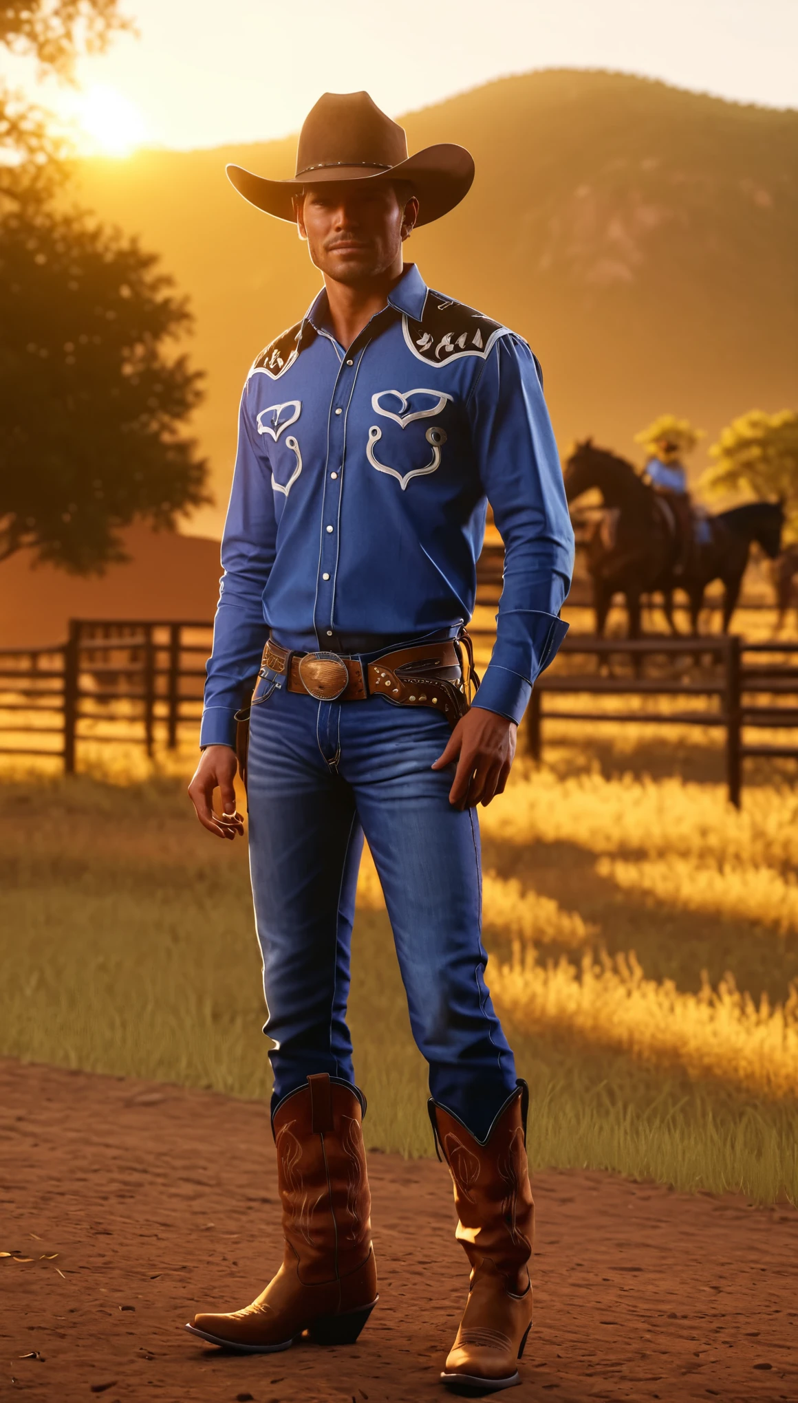 Cowboy Portrait、Detailed cowboy face、Impressive cowboy look、Cowboy hat、Cowboy Shirt、Cowboy Jeans、Cowboy boots、Tough cowboy hides、Outdoor Scenery、Golden Hour Lighting、Cinematic composition、Dramatic lighting、A calming color palette、(Highest quality、4K、8k、Anime Style、High resolution、masterpiece:1.2)