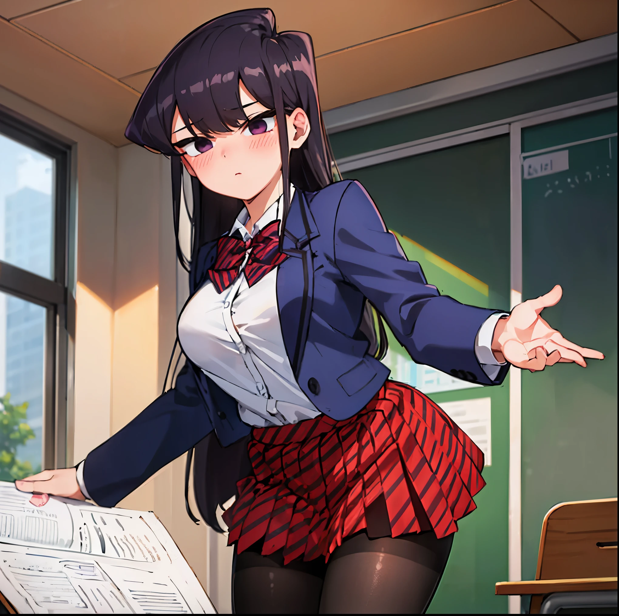 ((1girl)),((alone)),komi shouko,(masterpiece), (best quality), (ultra detailed), (best illustration), (best shadow), (absurdities), sharp focus, cowboy shot ,dynamic pose looking at viewer, big breasts, narrow waist, wide hips, medium thighs, round butt, dynamic posture, long hair, black hair, purple eyes, , black pantyhose, jacket, blue jacket, open jacket, blush, bow , bow tie, closed mouth, collared shirt, custom, cowboy shot, diagonal striped skirt, pleated skirt, red bow, red bow tie, red skirt, shirt, skirt, only, striped, striped bow, striped bow tie, striped skirt, swept bangs, white shirt , calm look, closed mouth, serious expression, (sexy pose: 1.2), ((alone)), standing: 1.3, indoor, school, classroom, desks, desk, window, dusk, looking forward , ((focus on thighs), point of view (from below), red blush, perfect anatomy, perfect hands.