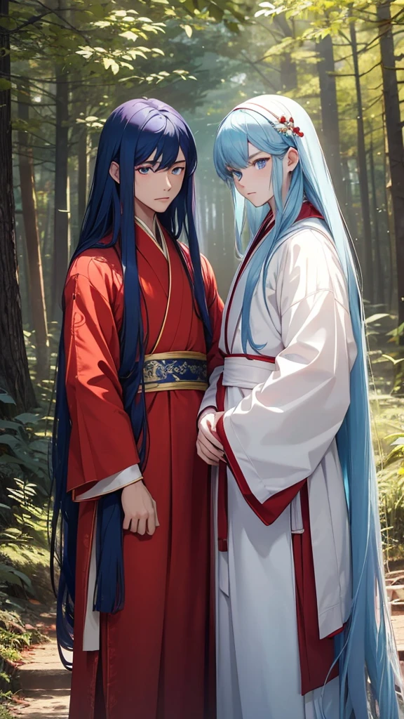 2 young men, without a beard, long blue hair, long red hair, blue eyes, Red eyes, White skin, Blue clothes, red clothes, China, Hanfu, In the woods
