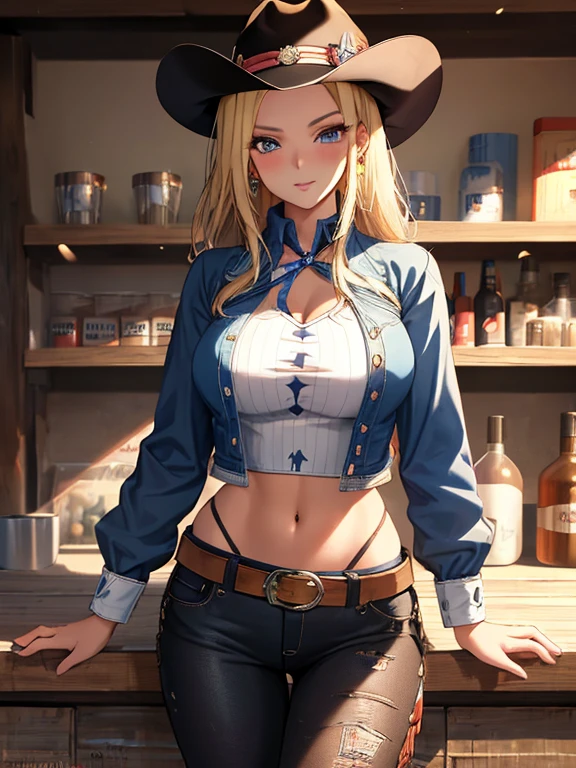 Western cowgirl, テンガロンハット, cowgirl, Android１８Number, (masterpiece), highest quality, 1girl, uhd, retina, masterpiece, ccurate, anatomically correct, textured skin, super detail, high details, high quality, best quality, highres, 4K