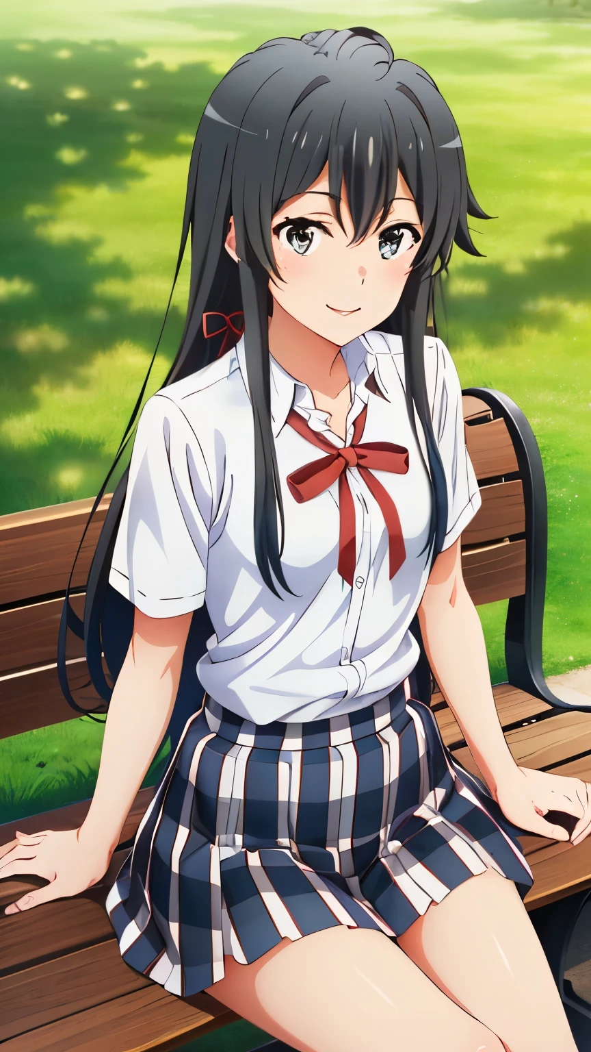 (masterpiece, best quality, 8k), highres, yukino, long hair, ahoge, hair ribbon, (collarbone, neck ribbon, Calm, white shirt, short sleeves, plaid skirt, smile, park, standing,bench, sitting)