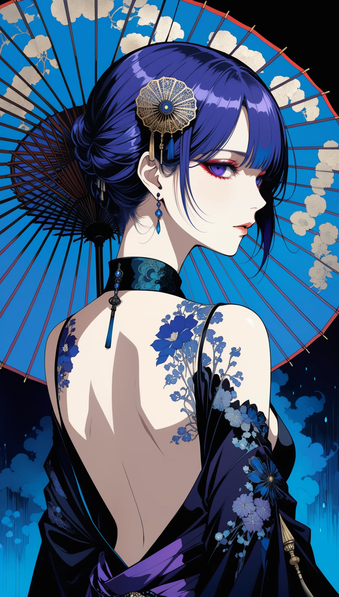 (in style of Harry Clarke:1.1),in style of Santiago Caruso,
1girl,short blue hair,gorgeous oil-paper umbrella,the dark purple pupils glow,no rain,eye to eye,smoking,smooth back,bare shoulders,bare_back,a black noble kimono with shoulders exposed,
BREAK
(neon-glowing blue smoke:1.5),absolute darkness,black art,(from behind:1.2),portrait close-up,darkness,blue tones in the dark,backlight,low light,it brings out a quiet and cold atmosphere,
