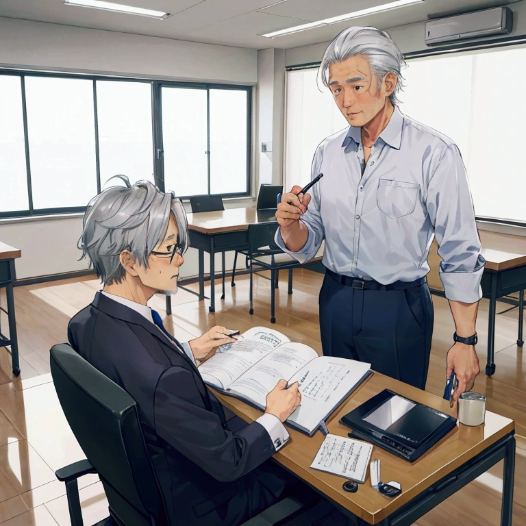 Grey haired old man。A scene of Keiichi Tanaka preparing presentation materials in close consultation with a financial advisor.。Tanaka's desk is spread out with documents and a laptop.、In the background, a whiteboard lists the uniqueness of the company's technology and key points regarding environmental protection.