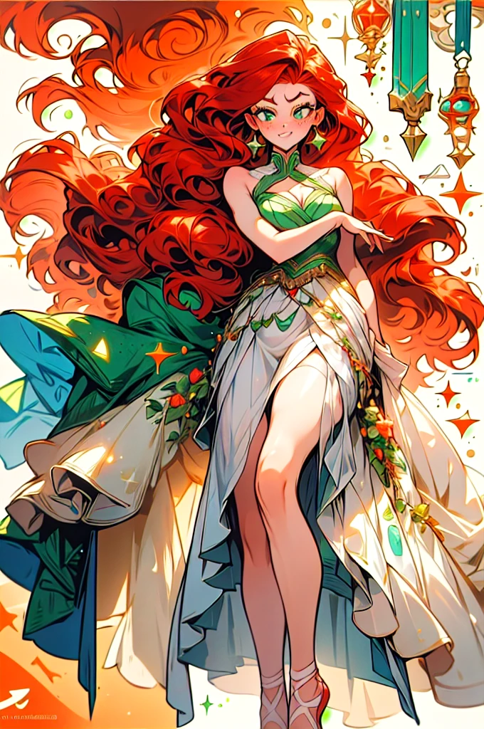 A woman with red hair and green eyes. and has light freckles *manhua* *bokunoheroacademia* First arabesque: Right arm forward, left leg back with friends *boku no hero academia* Dressed as a ballerina. There is a warm atmosphere around her hair is long and wavy with glamorous make-up