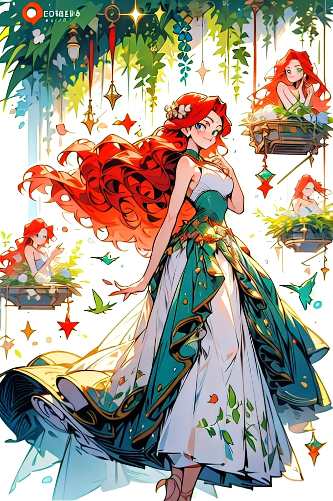A woman with red hair and green eyes. and has light freckles *manhua* *bokunoheroacademia* First arabesque: Right arm forward, left leg back with friends *boku no hero academia* Dressed as a ballerina. There is a warm atmosphere around her hair is long and wavy with glamorous make-up