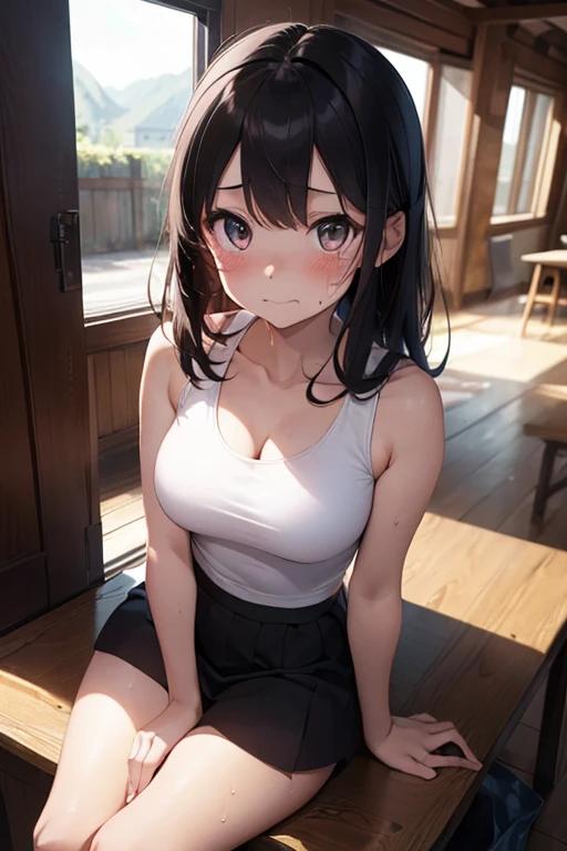 ((Highest quality)), ((masterpiece)), (detailed), Natural light,One Woman,16 year old pretty woman,Very sexy,Baby Face,young woman,Big ,Large Breasts,
Beautiful woman,Small face,Beautiful Face,Big eyes,Beautiful Eyes,Beautiful double eyelids,Beautiful teeth alignment,Beautiful body lines,Slender body,Beautiful Hands,Beautiful feet,Long hands,Long legs,Long and supple hair,Shiny Hair,Black Hair,Full Body Shot,Embarrassed expression,blush,Crying face,Mouth half open,Beautiful shoulders,Beautiful clavicle、Sitting,Sitting cross-legged,(Sweat),Embarrassed expression,blush,humiliation,((White Tank Top 1.5)),Wide-open chest,Shoulder out,Beautiful shoulders,Beautiful clavicle,(((Valley 1.9))),mini skirt,Proudly,