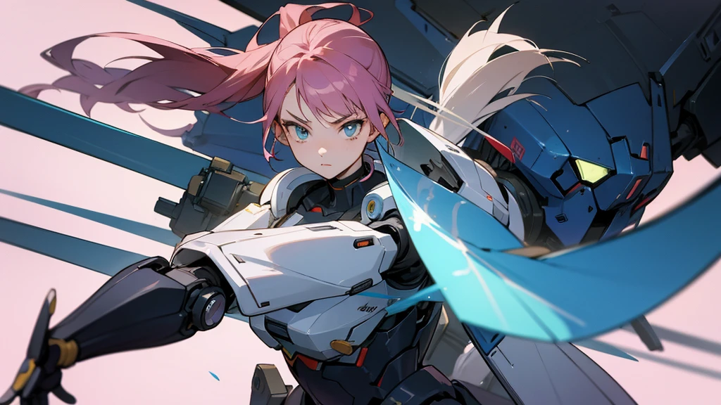 Robot anime style, finely drawn background, robot battle, beautiful 20 year old woman 