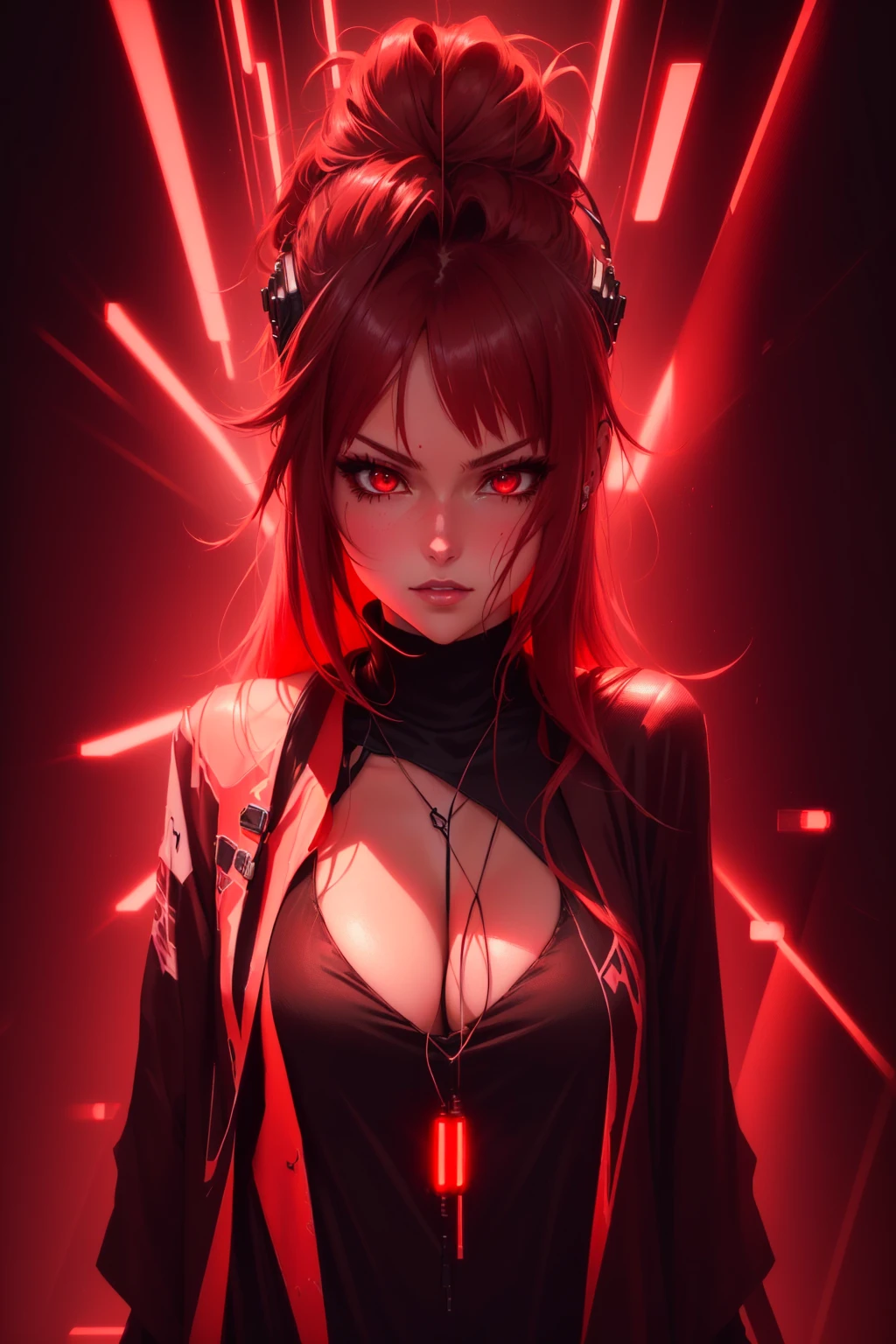 a close up of a woman in a black top and red lights, red aura, darkness aura red light, badass anime 8 k, red and cinematic lighting, anime style 4 k, emitting evil red aura, glowing red, crimson red aura, cyberpunk anime girl, female cyberpunk anime girl, anime cyberpunk art, alena aenami and artgerm