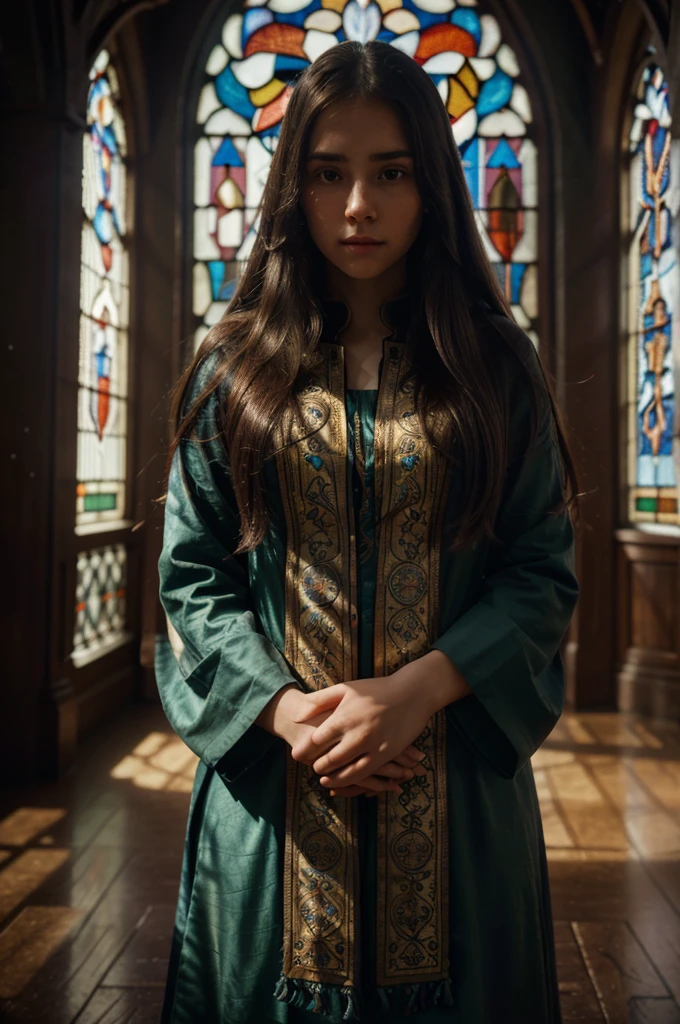 a girl praying, hands clasped together, 0 degree camera angle, serene expression, detailed facial features, long flowing hair, stained glass background, dramatic lighting, cinematic composition, photorealistic, 8K, HDR, hyper detailed, intricate details, masterpiece, dramatic, ethereal, spiritual