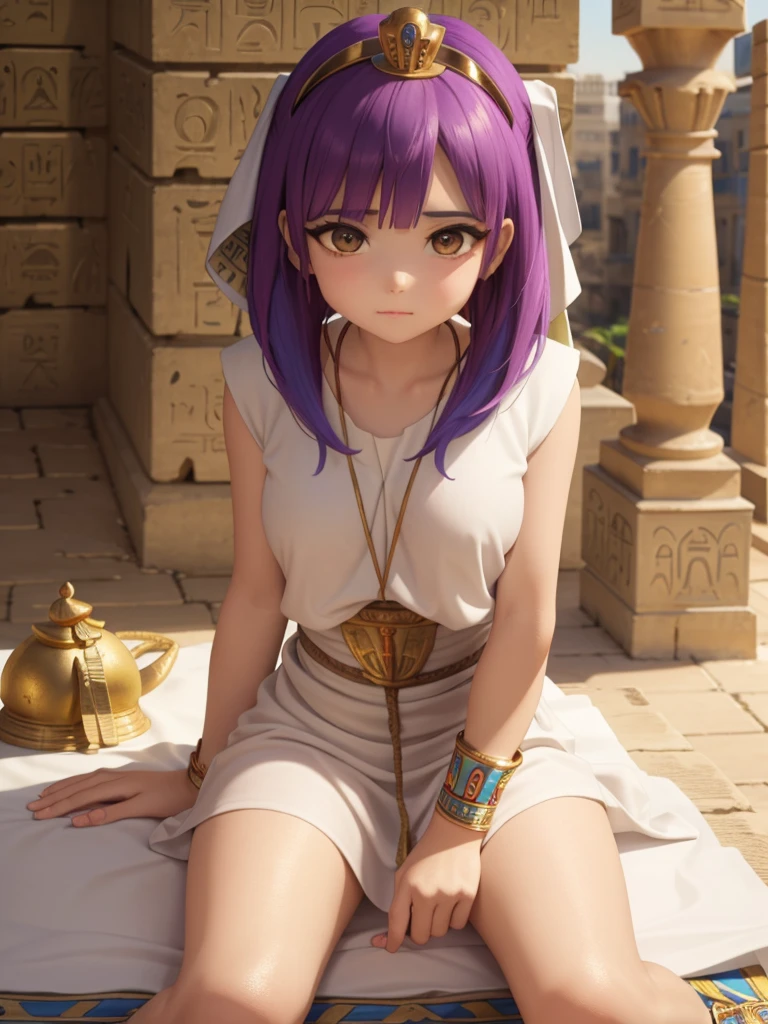 Cute ancient Egyptian princess、Colorful temples of ancient Egypt、The colorful streets of ancient Egypt、Artistic、detailed、Colored linen clothes、Sitting posture、front、Spread your legs