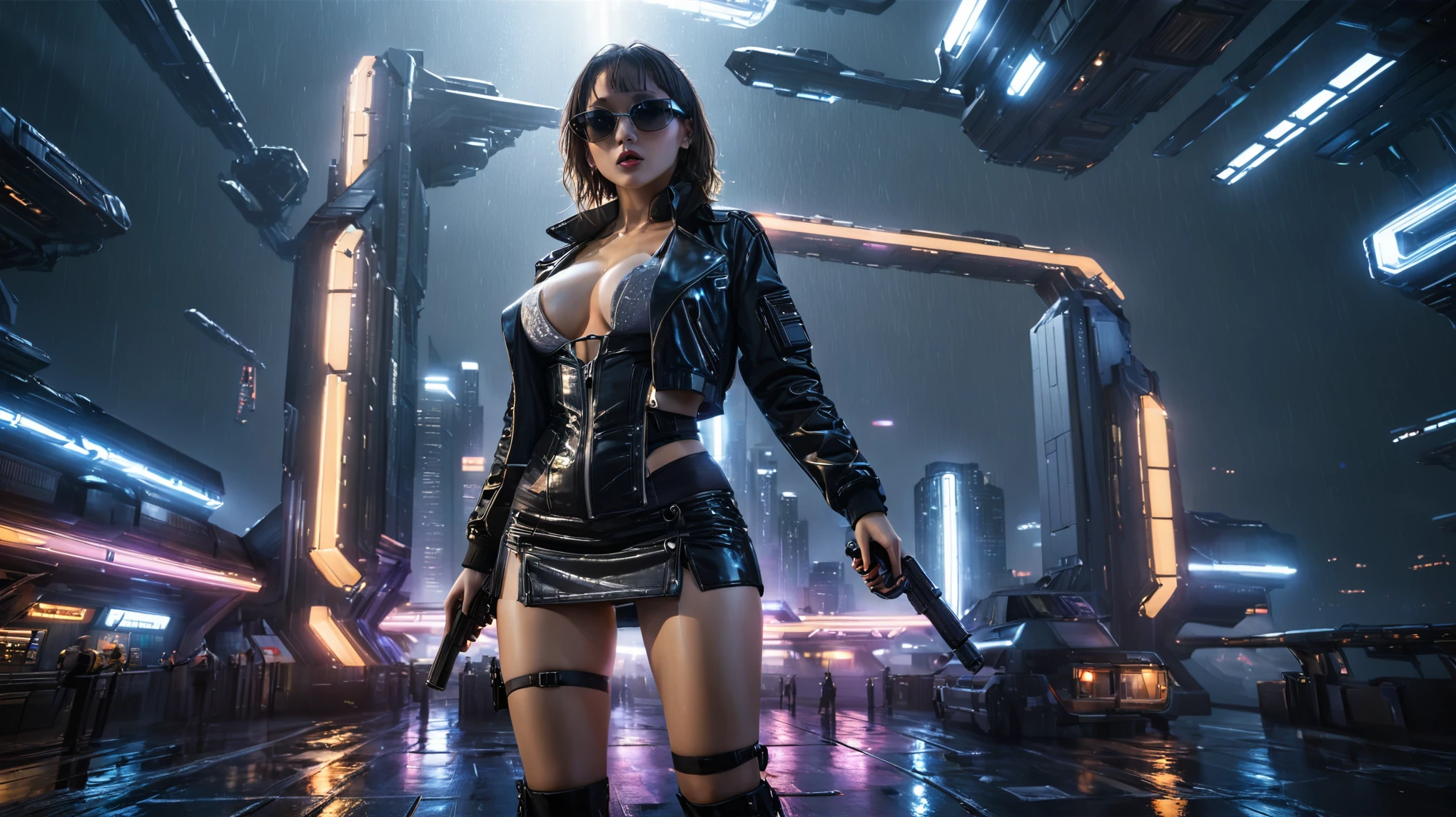 (((aerial view))), Blade Runner style futuristic space station platform, flying cars, neon lights, rainy night. (1girl, solo, alone), large-breast:1.2 slim body, cleavage:1.1, sexy laced lingerie, low angle view miniskirt, jacket, (black sunglasses), (((she raised a pistol:1.8 and shot the viewer))), dynamic pose, (((half-body thigh level medium shot))), cinematic lighting, lens flare, ray tracing.