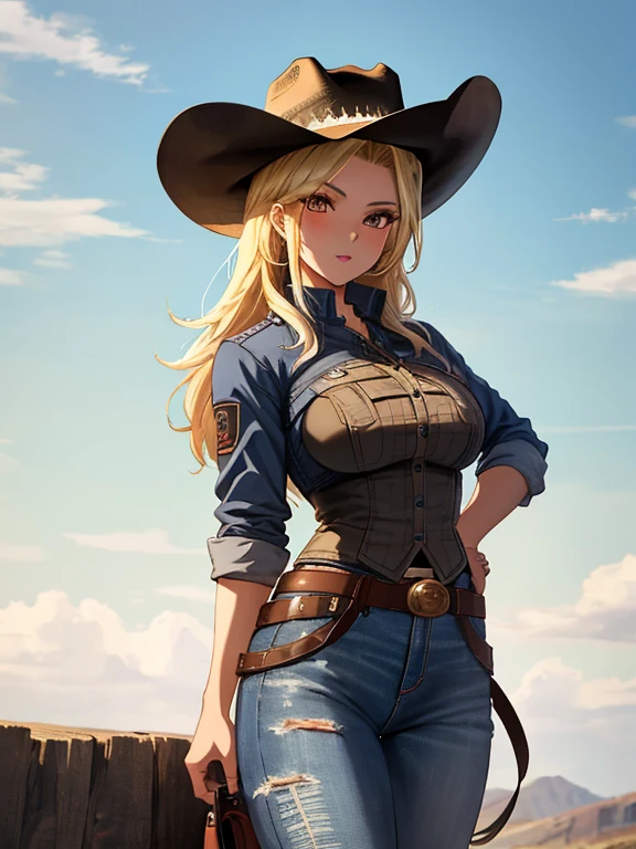 Shepherd Dog, Western cowgirl, Ten-gallon hat, cowgirl, android１８Number, (masterpiece), highest quality, 1girl, uhd, retina, masterpiece, ccurate, anatomically correct, textured skin, super detail, high details, high quality, best quality, highres, 4K