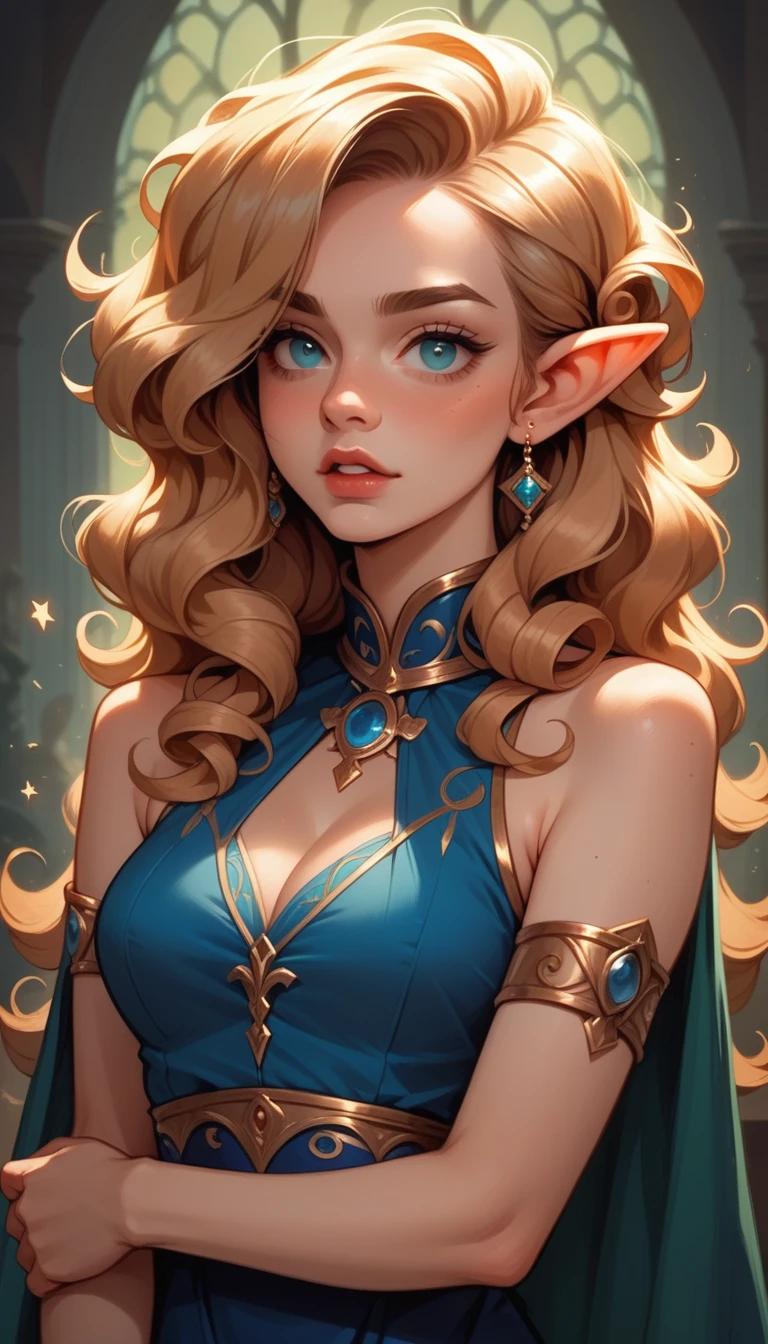 A female elf wizard,Long curly blond hair,Blue top,Half-length photo,Noble atmosphere,Magic effects around,