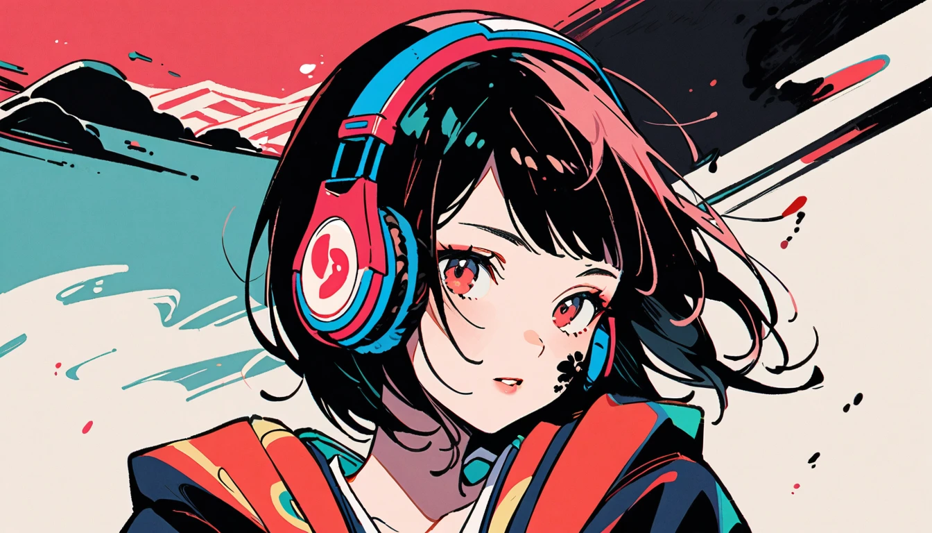 Ink Painting, 1 girl, Tattoo on face, Japanese style headphones, Japanese beauty, Black Hair, kimono, Delicate and precise, Modern ukiyo-e style, Multicolored background, head shot