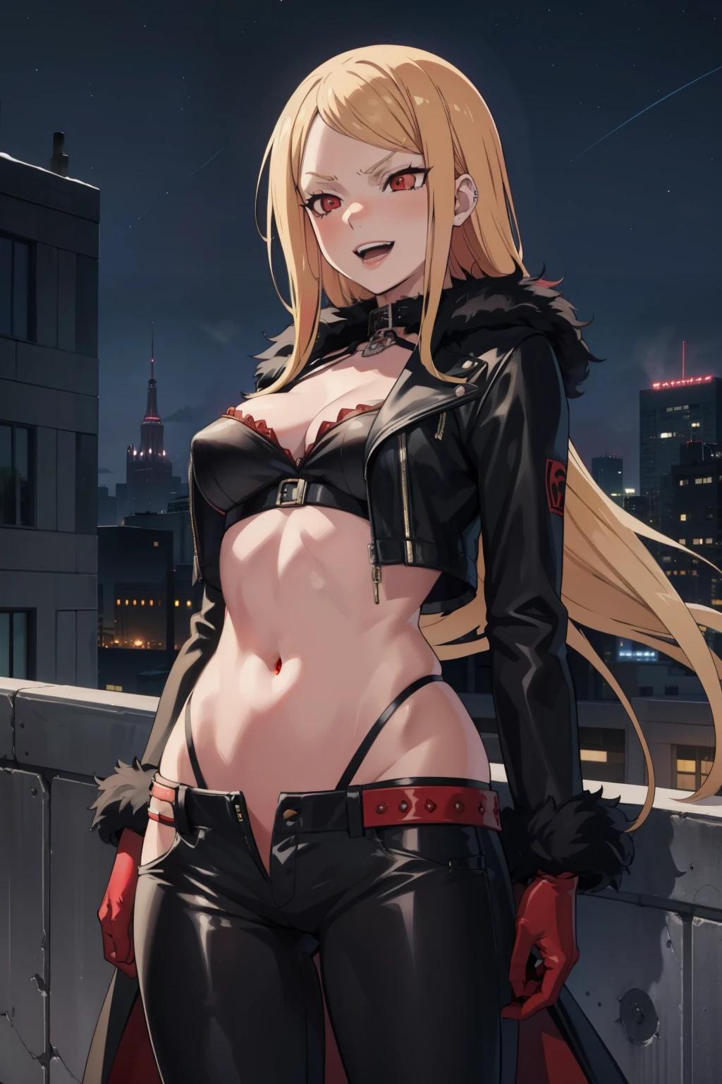 priscillabarielle, priscilla barielle, long hair, blonde hair, (red eyes:1.5), bangs,
lipstick, blush, Hot girls, baddie, staring, glaring, bad attitude, mean girl, crazy, smoking, sensual, attractive, fur trim, mature female, gloves, fur-trimmed coat, outdoors, rooftop, cityscape, building, railing, night, night sky, scenery, city lights, masterpiece, best quality, highly detailed, a girls with a gun, evil smile , open mouth, sexy gaze, badass
pose , evil smile, smile, (nsfw) not safe for work, guns blazing, anime girl with long hair, beautiful long
haired girl, navel, evil expression, exposed belly, exposed navel, exposed midriff, exposed lower belly,
long black pants, crop top, cleavage, unbuttoned leather pants ,open fly, low rise black leather pants,
leather jacket, holding a gun, holding pistol, navel piercing