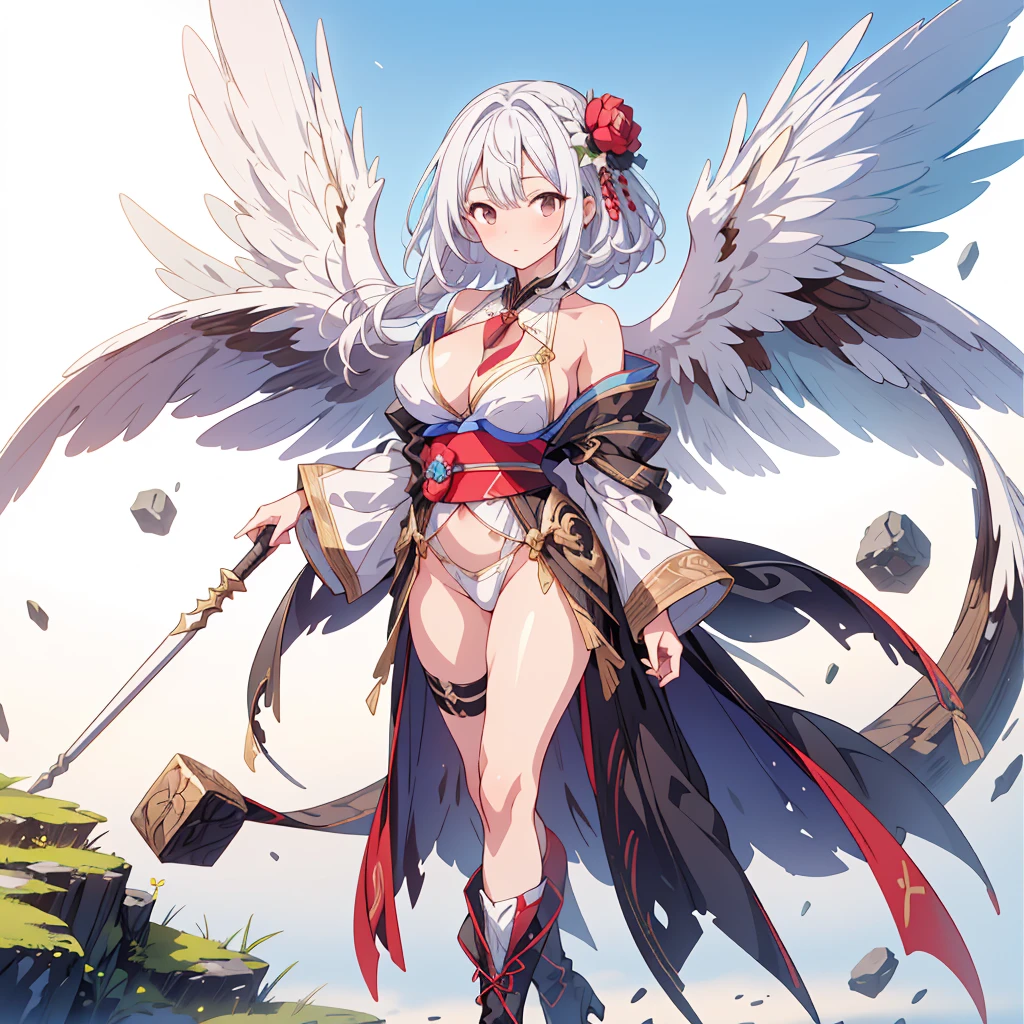 (masterpiece, Highest quality), (Perfect athletic body:1.2), (Fine hair), 非常にdetailedな, Anime Style, whole body, alone,  Gothloli kimono, Fairy Wings,  White hair and brown skin, high boots,Floating in the blue sky, High heel boots, 8K high resolution, White Background, whole body,Super huge、detailed、dynamic、