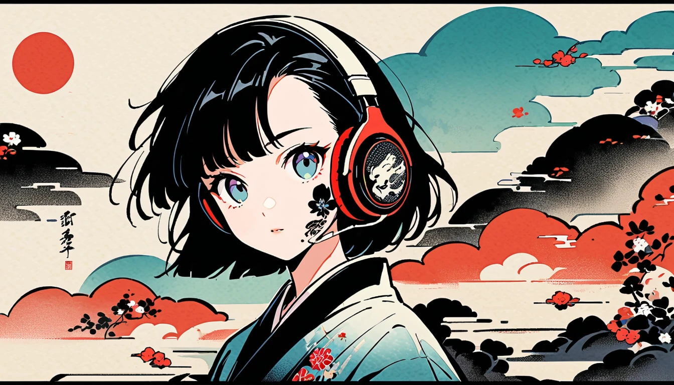 Ink Painting, 1 girl, Tattoo on face, sunglasses, Japanese style headphones, beautiful girl, Black Hair, Delicate and precise, Modern ukiyo-e style, Multicolored background