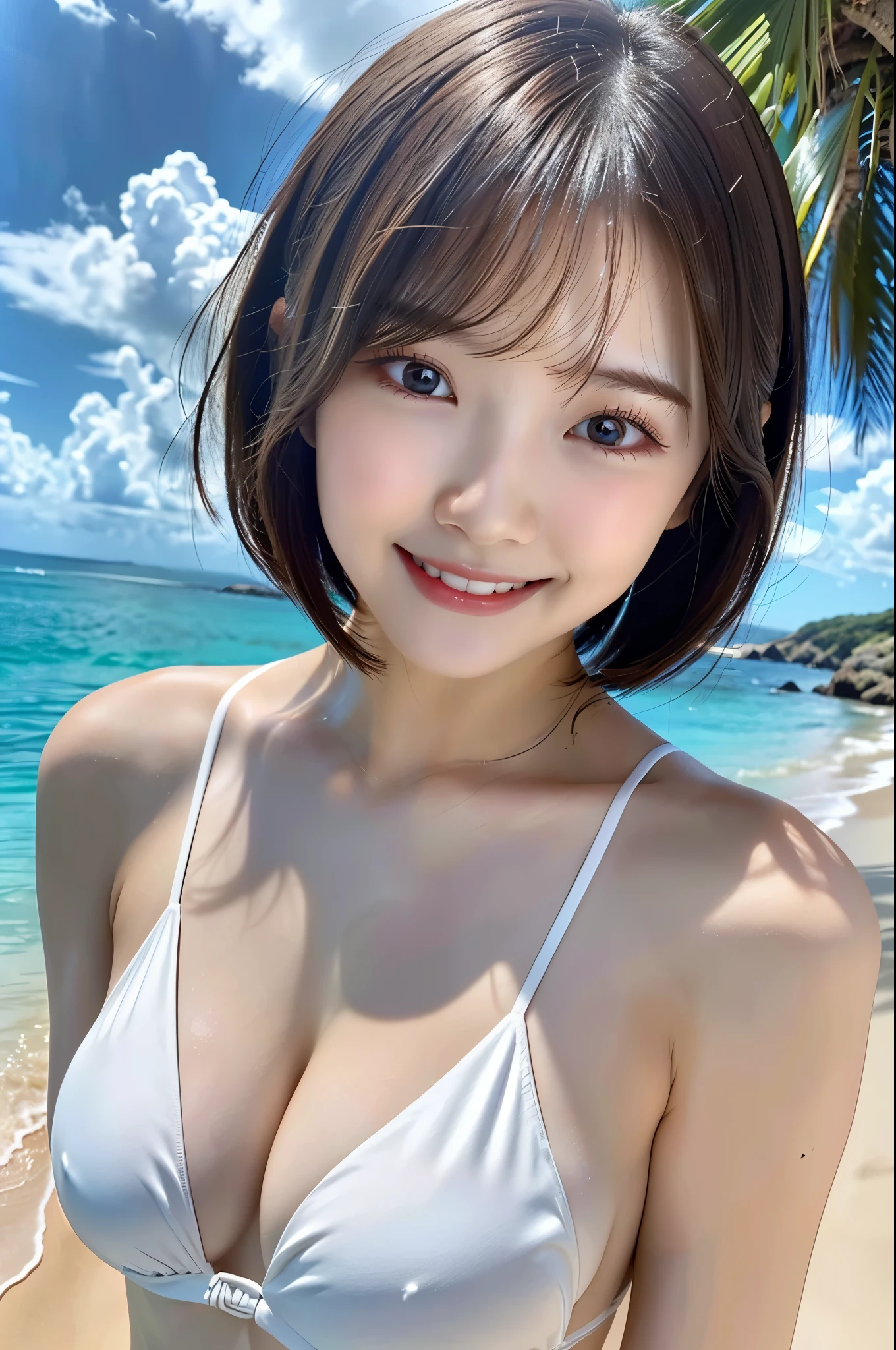 (Highest quality、Tabletop、8k、Best image quality)、1 female、(beautiful, Glowing Skin:1.1)、(Very short hair:1.1)、Brown Hair、最もbeautiful笑顔が私を見ている、The best smile、大きく笑ってbeautiful歯を見せている、(Bikini color is random:1.1)、beautiful sea、Shining bright sea、澄んだbeautiful sea、Very clear sea、beautiful Hiroshi々Sandy Beach、beautiful surf edge、beautiful sunny sky、beautiful cumulonimbus clouds、(very bright and vivid:1.3)、(beautiful, Glowing Skin:1.1)、(Ultra-high resolution, 明るくbeautiful肌:1.3)、Ultra-high resolution beautiful teeth、Ultra HD Hair、Ultra-high resolution sparkling eyes、Natural Makeup、Accentuate your body lines、(Very 明るくbeautiful肌:1.1)、(Big Breasts:1.2)、Slender body、(Perfect Anatomy:1.1)、Sculptural installation、Blurred Background、Swimsuits are random、Swimsuit color is random