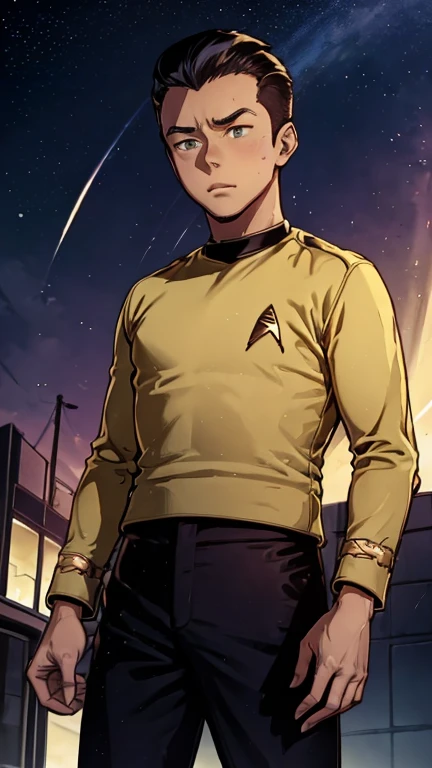 (Teens:1boy: Tintin,startrektos uniform), (extremely detailed CG unit 8k wallpaper),(master part), (best quality), (ultra detali), (best illustration),(melhor ombre), cowboy shot, (Sharp eyeliner, ombre, detailed eyes:1), Starship bridge background, ,break , (star15escola:1.2), upper body,short hair, black hair, 1man,1boy, yellow top, black pant