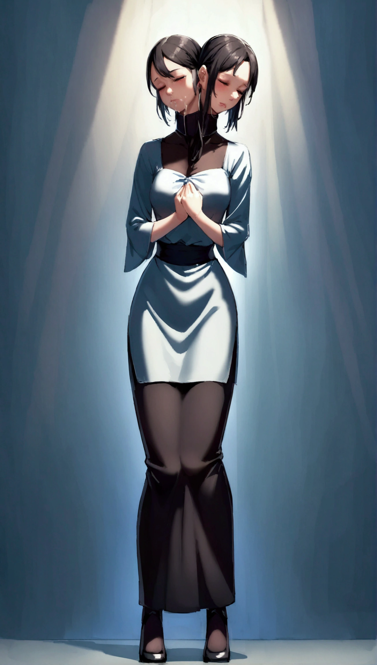 Young woman. two heads , slave. sneezes . snot. handkerchief, standing. full length. Full body.
