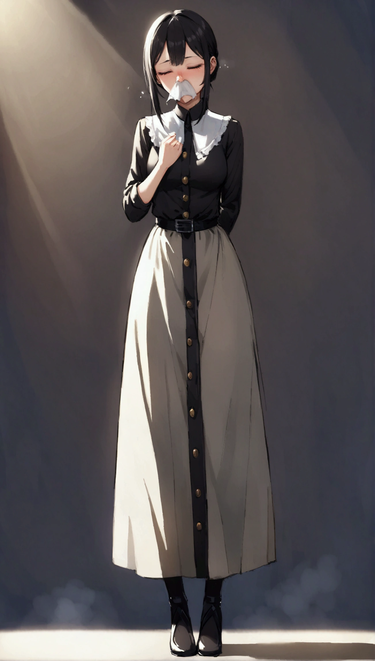 Young woman. two heads , slave. sneezes . snot. handkerchief, standing. full length. Full body.