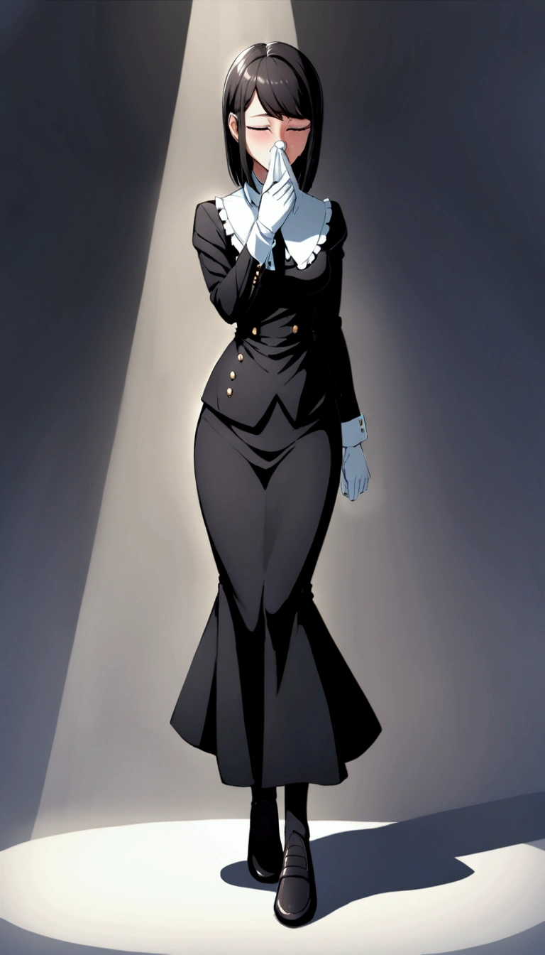 Young woman. two heads , slave. sneezes . snot. handkerchief, standing. full length. Full body.