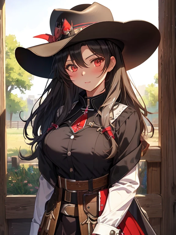 Shepherd Dog, Western cowgirl, Ten-gallon hat, cowgirl, Tohsaka Rin, (masterpiece), highest quality, 1girl, uhd, retina, masterpiece, ccurate, anatomically correct, textured skin, super detail, high details, high quality, best quality, highres, 4K