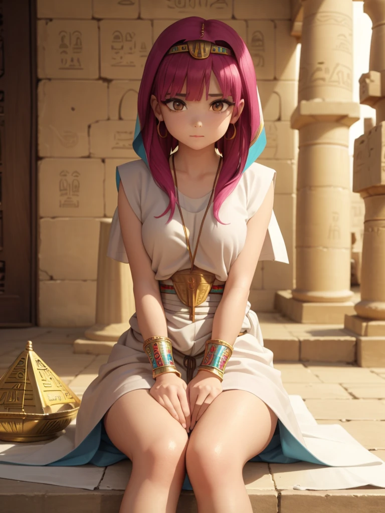 Cute ancient Egyptian princess、Colorful temples of ancient Egypt、The colorful streets of ancient Egypt、Artistic、detailed、Colored linen clothes、Sitting posture、front、Spread your legs