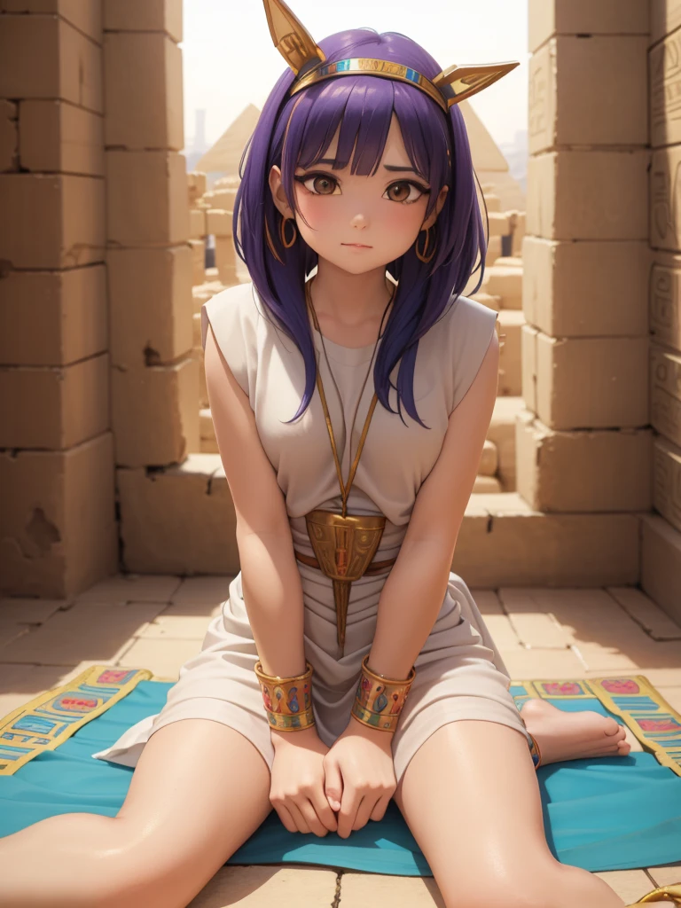 Cute ancient Egyptian princess、Colorful temples of ancient Egypt、The colorful streets of ancient Egypt、Artistic、detailed、Colored linen clothes、Sitting posture、front、Spread your legs