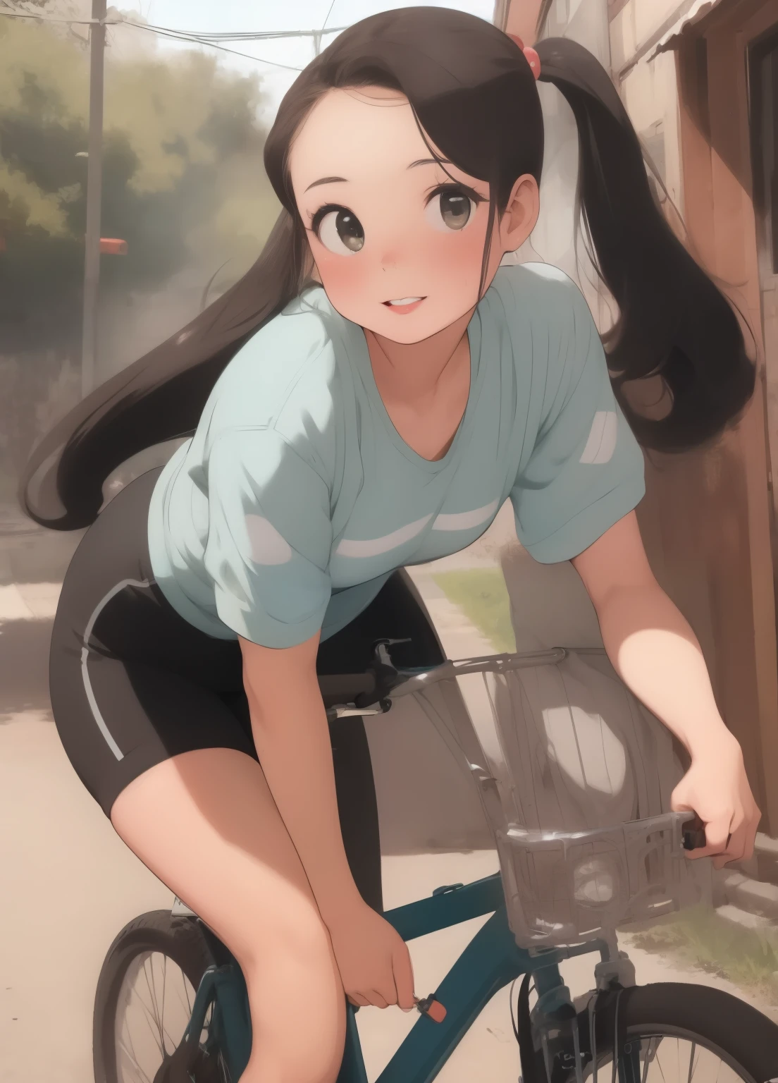 (masterpiece、Highest quality、Highest quality、Official Art、Beautiful and beautiful:1.2)、(One girl:1.3)Hatsune Miku、Twin tails,Beautiful breasts, A woman in her fifties riding a bicycle wearing high-rise booty shorts and a striped shirt, Fine art, pin up, pin up, 50s Style, pin up, pin up, pin up body, girl pin up, vintage pin up, レトロな50s Style, pin up girl, sophia loren, photo of sophia loren, young sophia loren, Her bike has two wheels, The rear wheel of the bike takes up most of the frame in the foreground of the image,