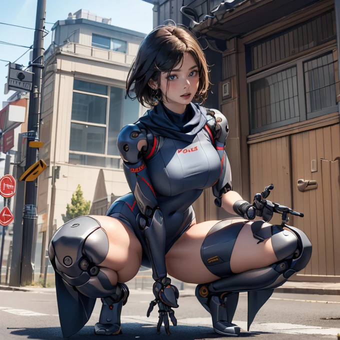 (((a humanoid has mechanical body with emit rays from many large lenses on her stylish designed body))), wearing transparent mesh dress, (((exterior is fully cowl))), (weapons, aiming, cable wires, round face, short hair), drooping eyes, machine legs, destroyed city, buildings, aerial angle, spread legs, touching groin area for masturbation,、Photorealistic images、Photographic quality、Realistic beautiful woman face、Attractive thighs、Beautiful legs、Raw Legs