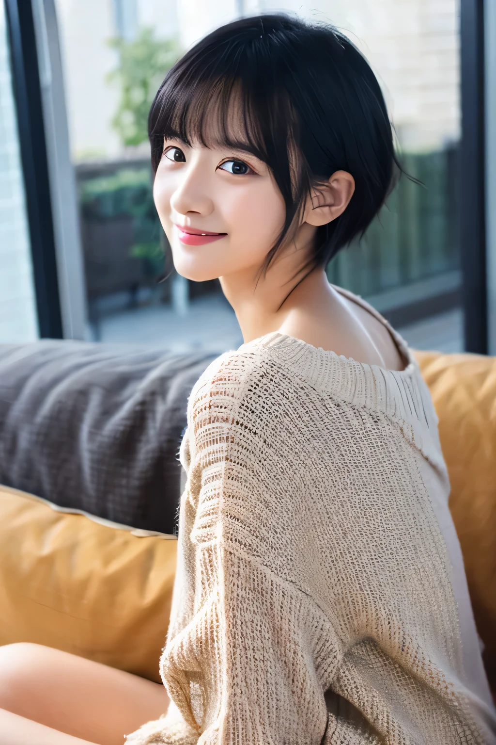 Black Hair、Shortcuts、23 years old、One girl、Gray Back、Natural Makeup、smile、looking at the camera、Sit comfortably on the sofa、