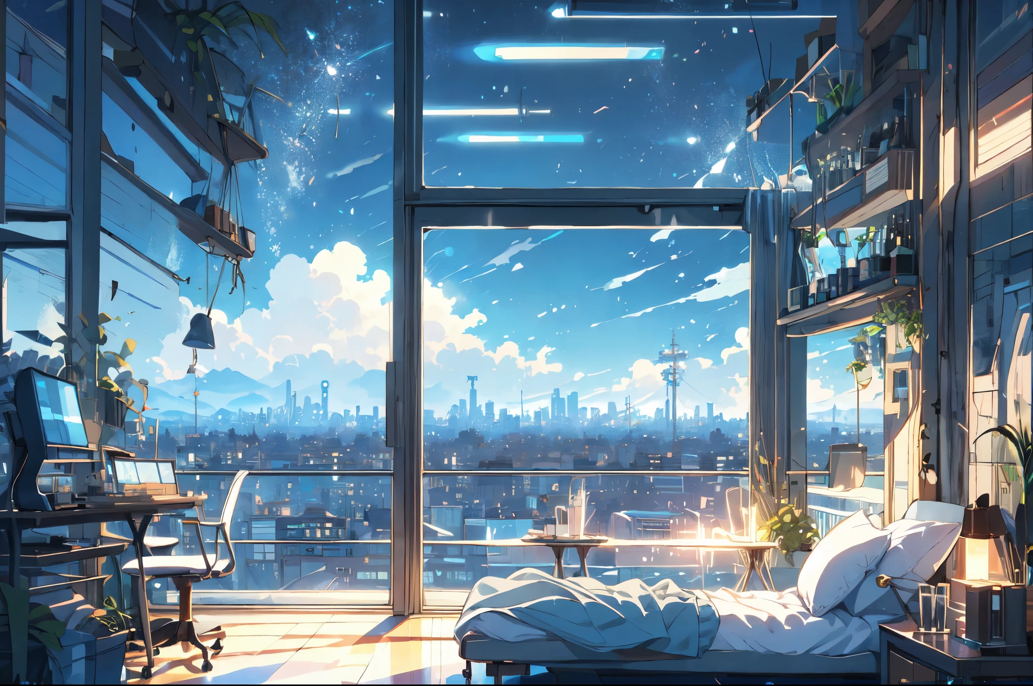 (masterpiece:1.2), highest quality,Pixiv,Pleasant animation scenes,room,in room,house,game,
scenery, cityscape, city, nullscraper, building, window, cloud, indoor, computer, Book,table, clock,No humans, Chair, monitor, nullline, Lie in,cyber
