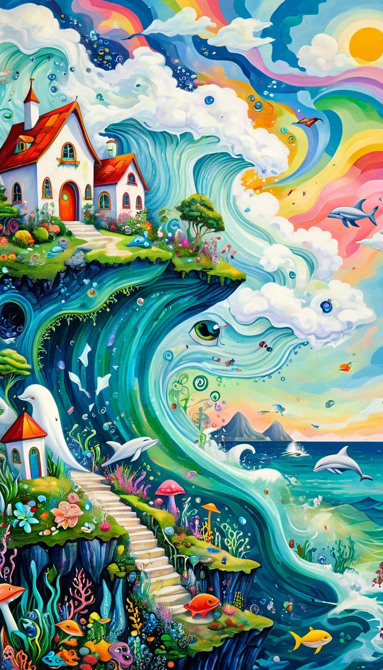 Children's graffiti,Thick coating,Bump texture,Oil pastel strokes:Peaceful seaside,House on the Rock,Flying white dolphins:1.37、White Cloud、Frosch、Tentacles、bird、(((Eye)))、diatom,Abstract mosaic painting,Describing the inner world of autistic people,Large area of white,interesting,Innocence,Imagine,Psychedelic Art,