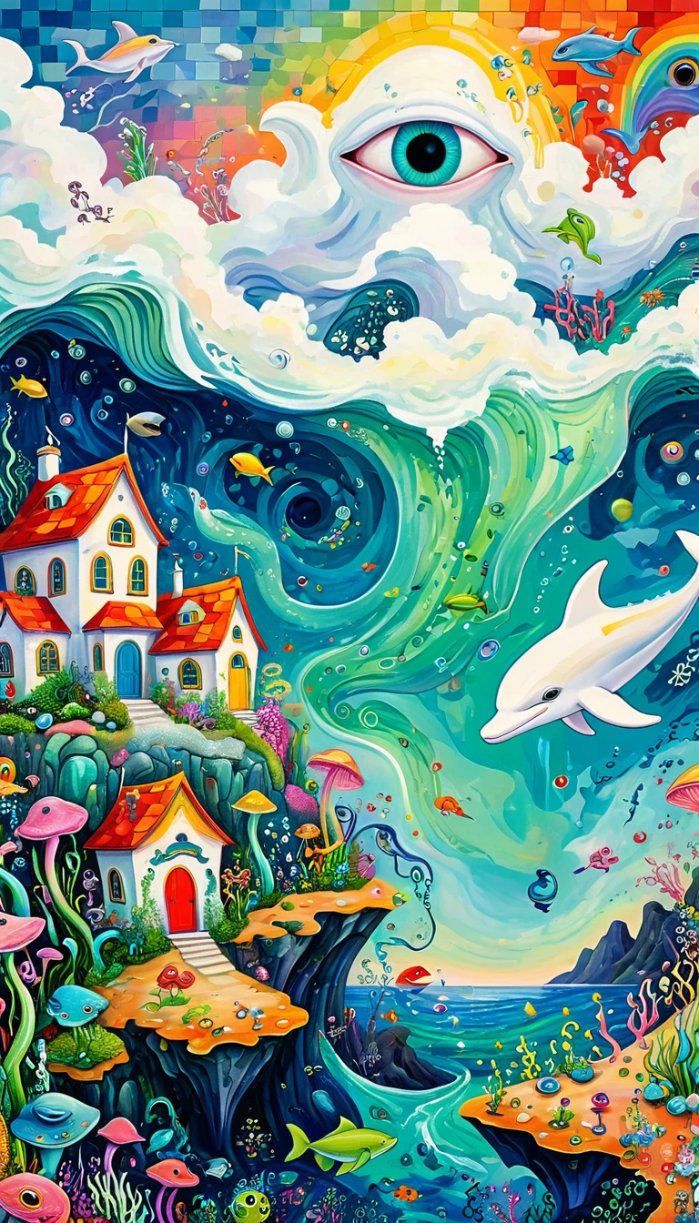 Children's graffiti,Thick coating,Bump texture,Oil pastel strokes:Peaceful seaside,House on the Rock,Flying white dolphins:1.37、White Cloud、Frosch、Tentacles、bird、(((Eye)))、diatom,Abstract mosaic painting,Describing the inner world of autistic people,Large area of white,interesting,Innocence,Imagine,Psychedelic Art,