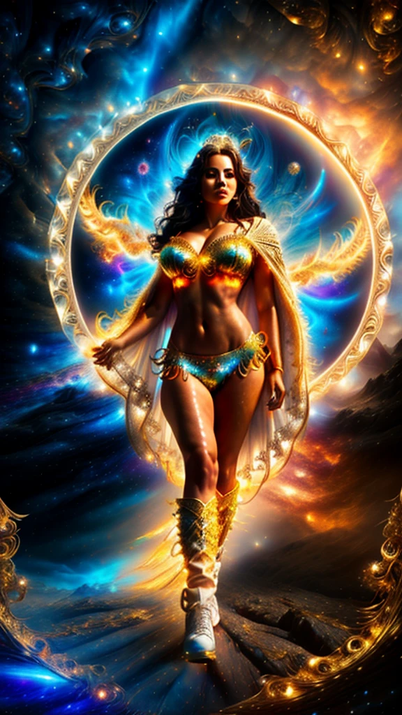Latina, (1girl), (Adult model Daisy Marie), extreme detailed eyes, (fractal art:1.3), colorful, highest detailed, (perfect face), shiny skin, HDR, (white cloak golden lines:1.2), galaxy, (light streaks), striking visuals, (dynamic streaks, luminous trails:1.2), vibrant colors, (phoenix), (dragon), full shot, full body shot