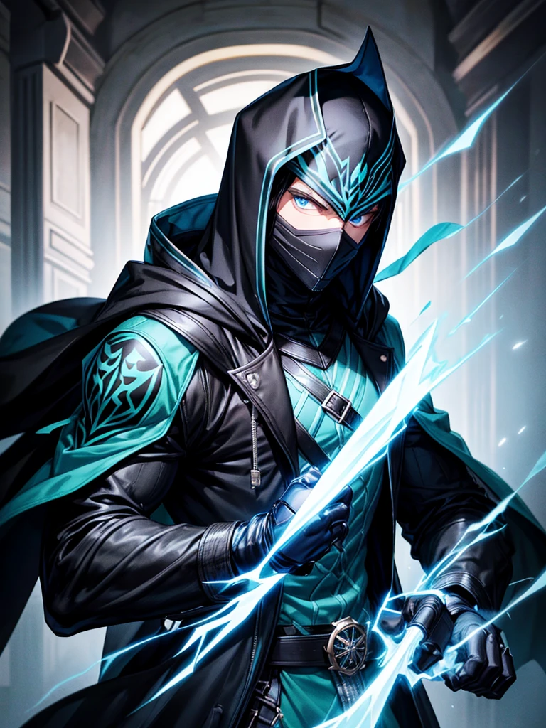 A tall man, muscular, black hair and electric blue eyes. Loose but tight black and green jacket with a hood covering his head and a mask covering his face