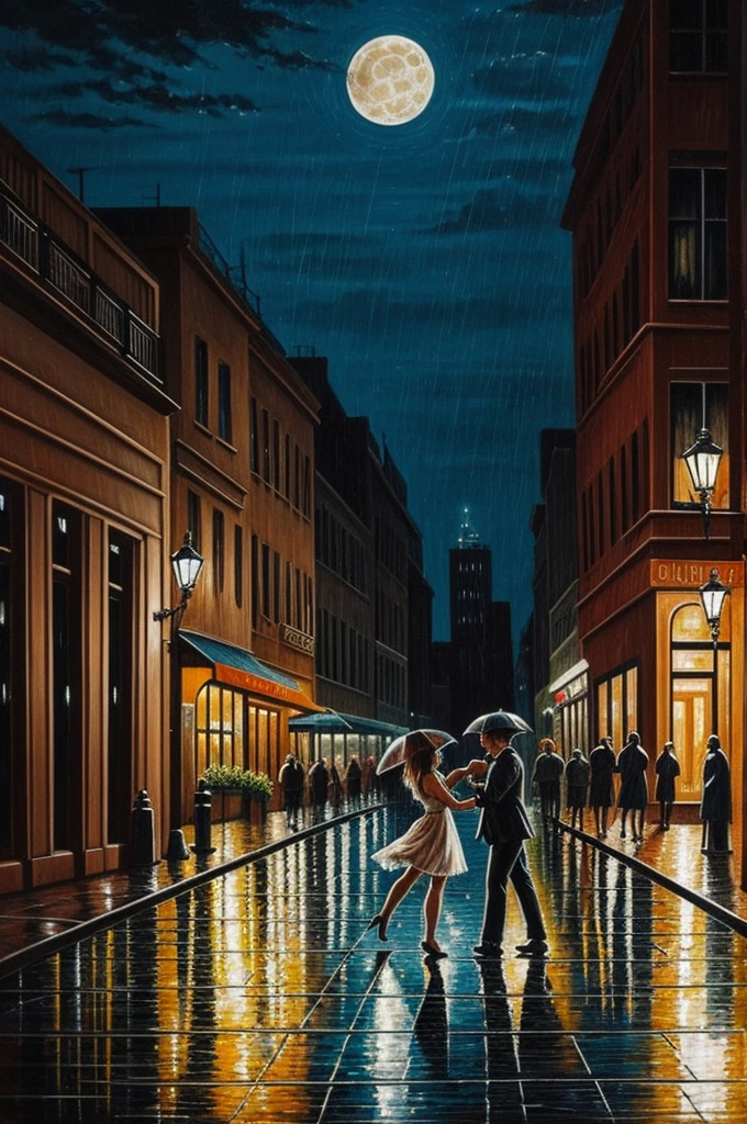 Oil drawings of two lovers dancing in the rain on an evening with a full moon in a city