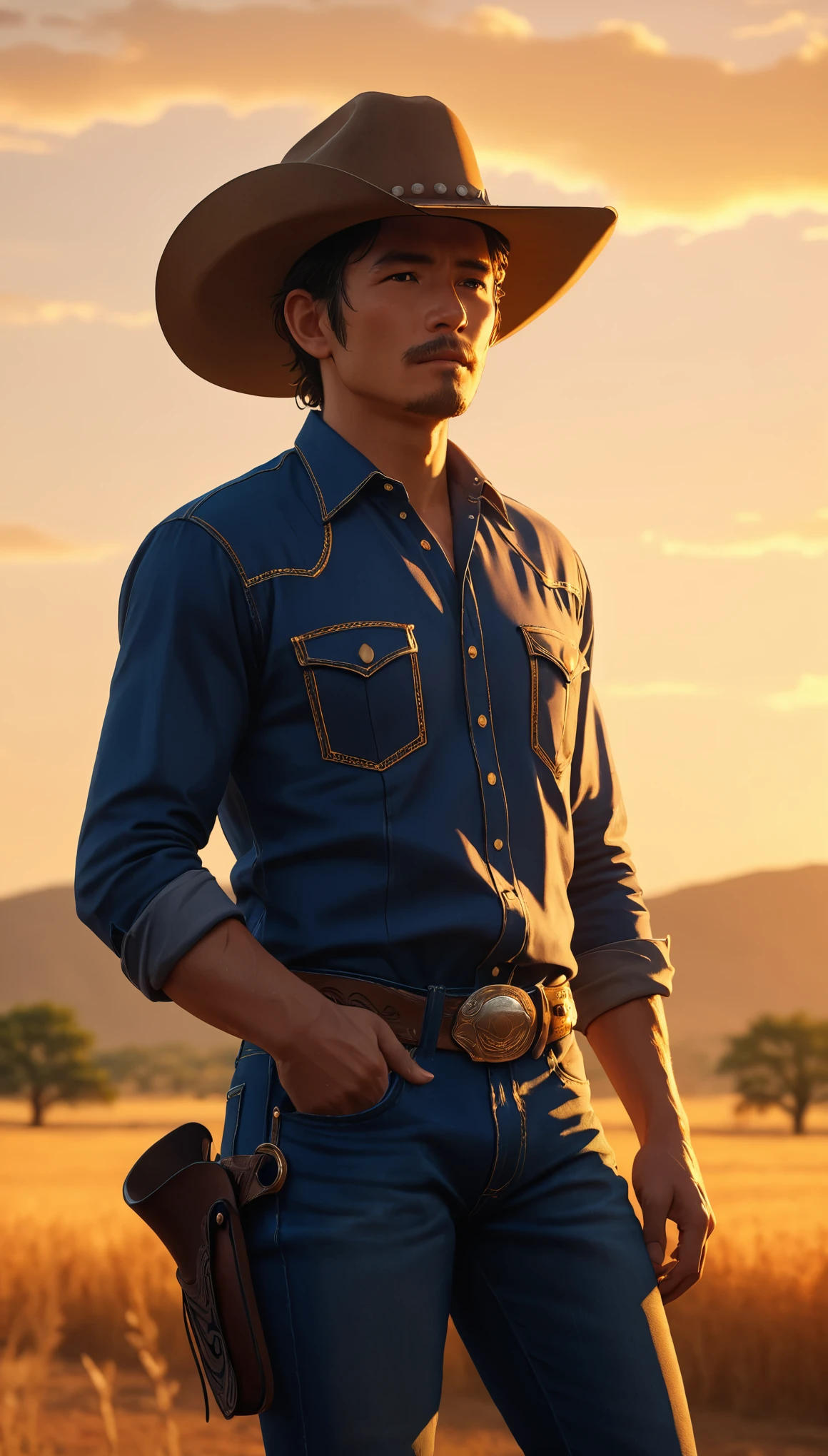 Cowboy Portrait、Detailed cowboy face、Impressive cowboy look、Cowboy hat、Cowboy Shirt、Cowboy Jeans、Cowboy boots、Tough cowboy hides、Random Action Pose:1.2、Outdoor Scenery、Golden Hour Lighting、Cinematic composition、Dramatic lighting、A calming color palette、(Highest quality、4K、8k、Anime Style、High resolution、masterpiece:1.2)