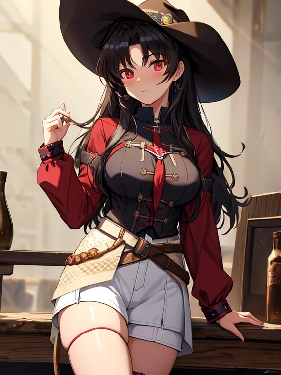 Shepherd Dog, Western cowgirl, Ten-gallon hat, cowgirl, Tohsaka Rin, (masterpiece), highest quality, 1girl, uhd, retina, masterpiece, ccurate, anatomically correct, textured skin, super detail, high details, high quality, best quality, highres, 4K
